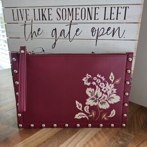 WHBM Red Vegan Leather Floral Studded Clutch Wristlet Pouch NWT